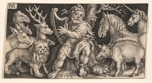Orpheus from Fighting Chimeras and Scenes from Aesop's Fables by Nicolaes de Bruyn, print, 1594