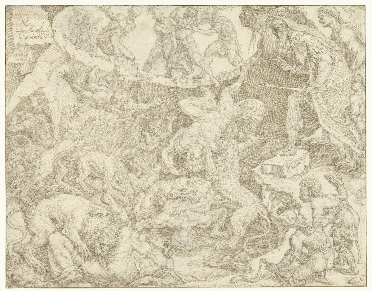 Aanklagers van Daniël worden in de leeuwenkuil geworpen by Maarten van Heemskerck, drawing, 1564