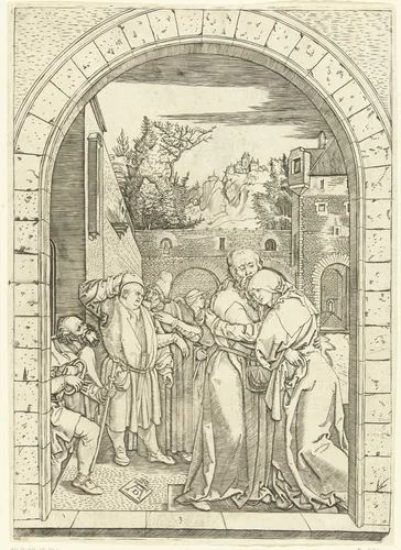 Ontmoeting van Joachim en Anna bij de gouden poort by Marcantonio Raimondi, print, 1510-1515