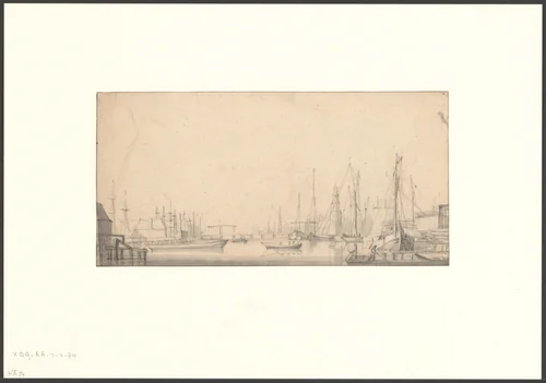 Gezicht op het Open Havenfront, richting de Stadsherberg en de Haringpakkerstoren by anonymous, drawing, 1600-1699