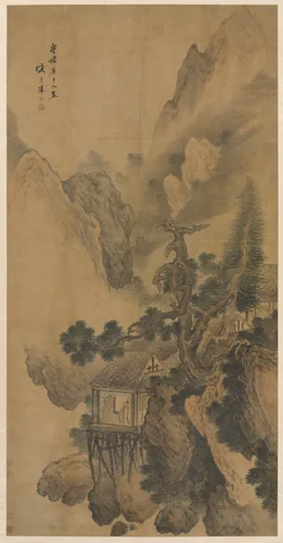 Lonely Retreat Overlooking a Misty Valley by Sheng Maoye, painting, 1630