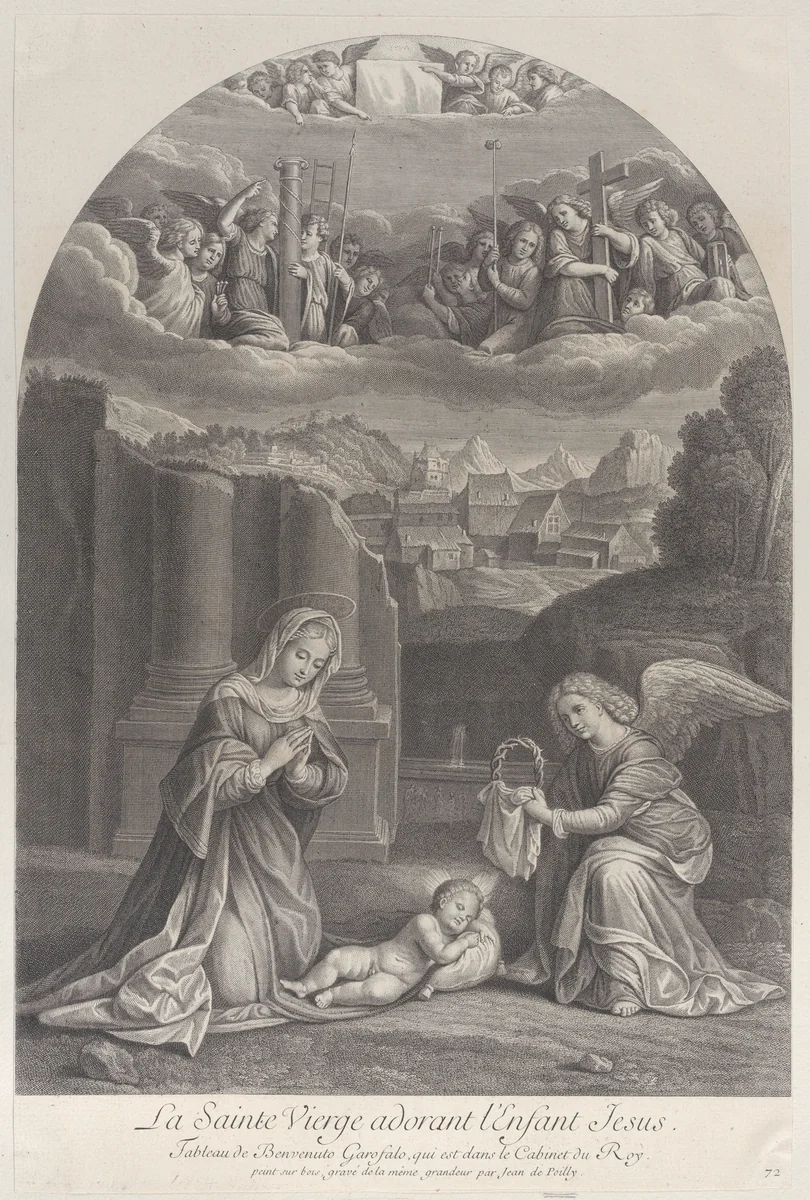 The Virgin Mary adoring the Christ child, an angel holding a crown of thorns at right by Frédéric Horthemels, print, 1724-1734