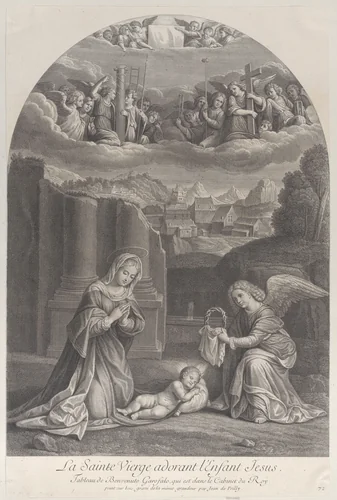The Virgin Mary adoring the Christ child, an angel holding a crown of thorns at right by Frédéric Horthemels, print, 1724-1734