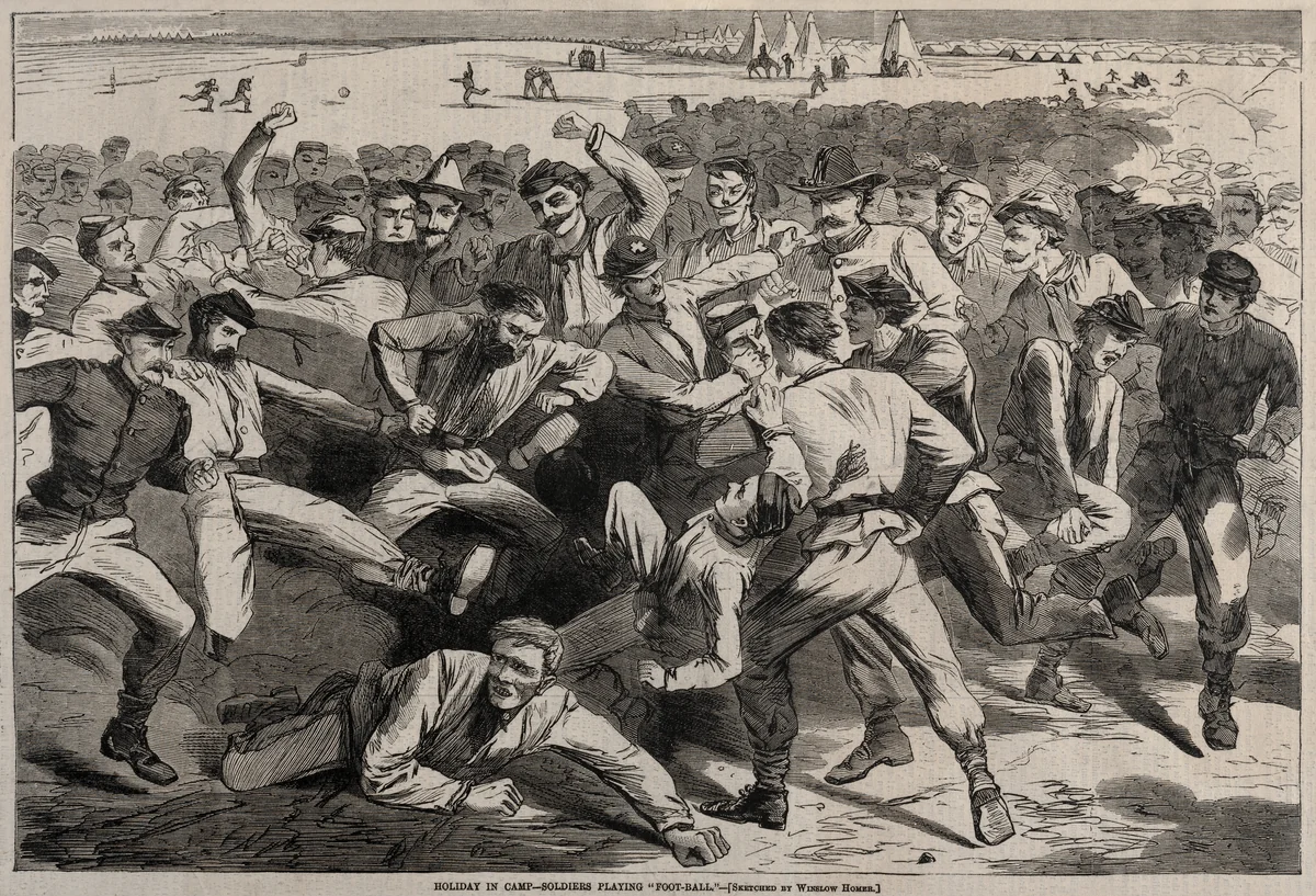 Holiday in Camp - Soldiers Playing "Foot-Ball" by Winslow Homer, print, 1865