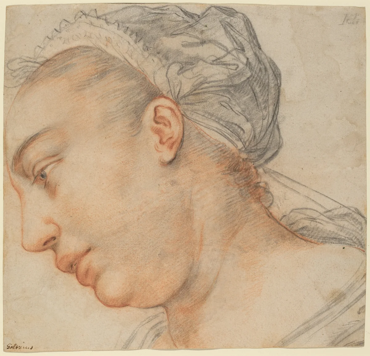Head of a Young Woman by Hendrick Goltzius, drawing, 1605