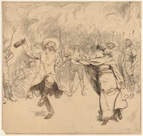 The jovial monarch caught Mrs. Russell's hand in his, and proceeded to dance, illustration to "A Castle in Spain: A Novel" by Edwin Austin Abbey, drawing, 1875-1885