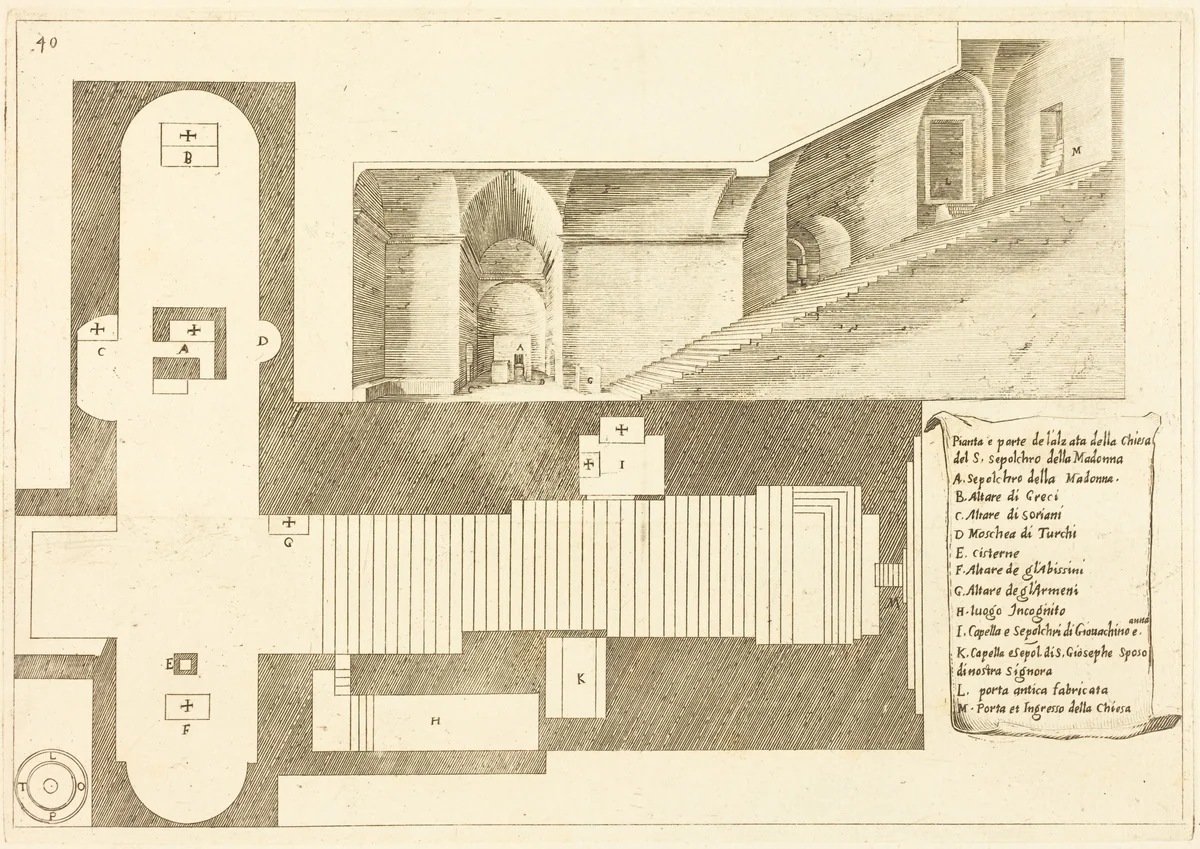 Plan and Part of the Elevation of the Church of the Holy Sepulchre of the Madonna by Jacques Callot, print, 1619