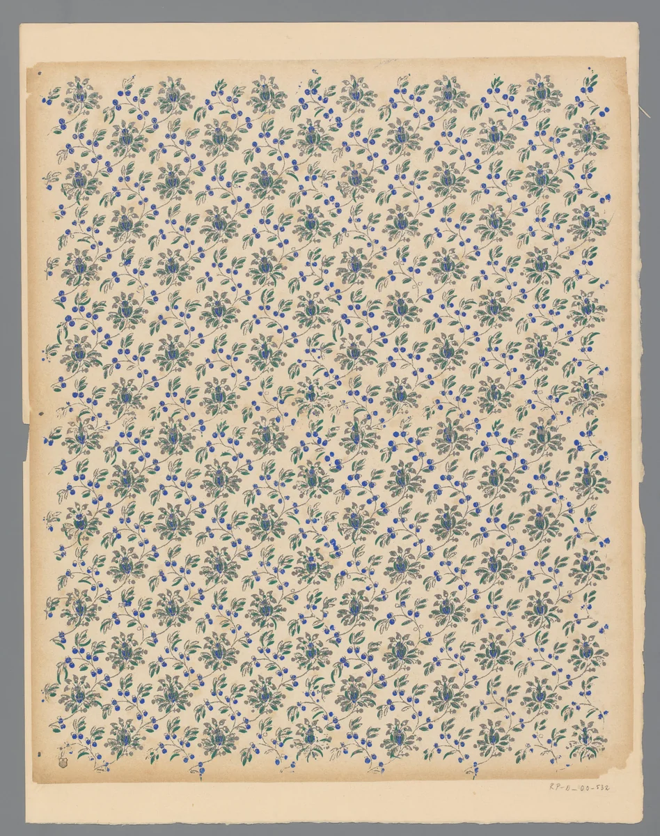 Blad met strooipatroon van ranken met bloemen, bladeren en vruchten by anonymous, print, 1800-1900