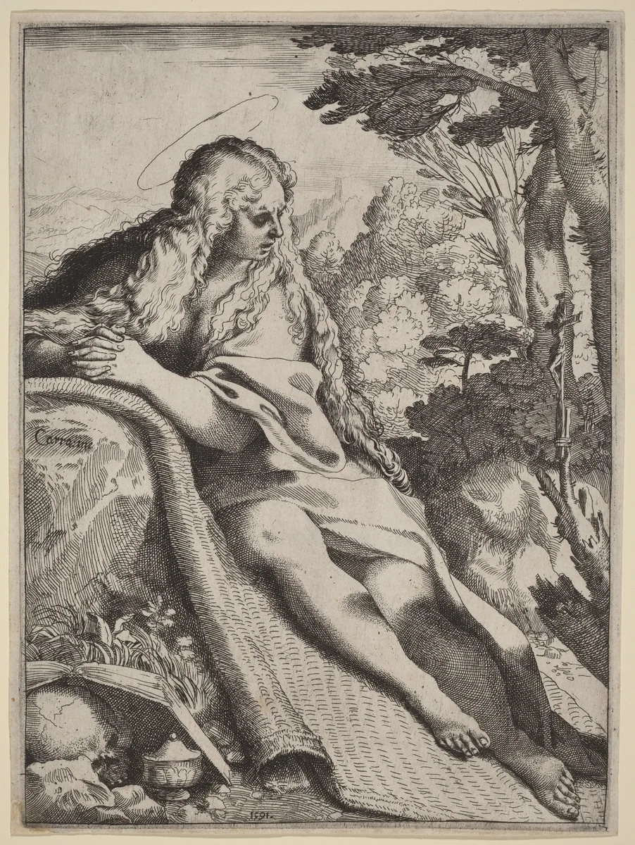 Mary Magdalene in the Wilderness by Annibale Carracci, print, 1591