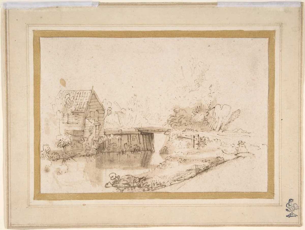Landscape with a Draughtsman Seated by a River, a Bridge and a Cottage Behind by Nicolaes Maes, drawing, 1645-1693