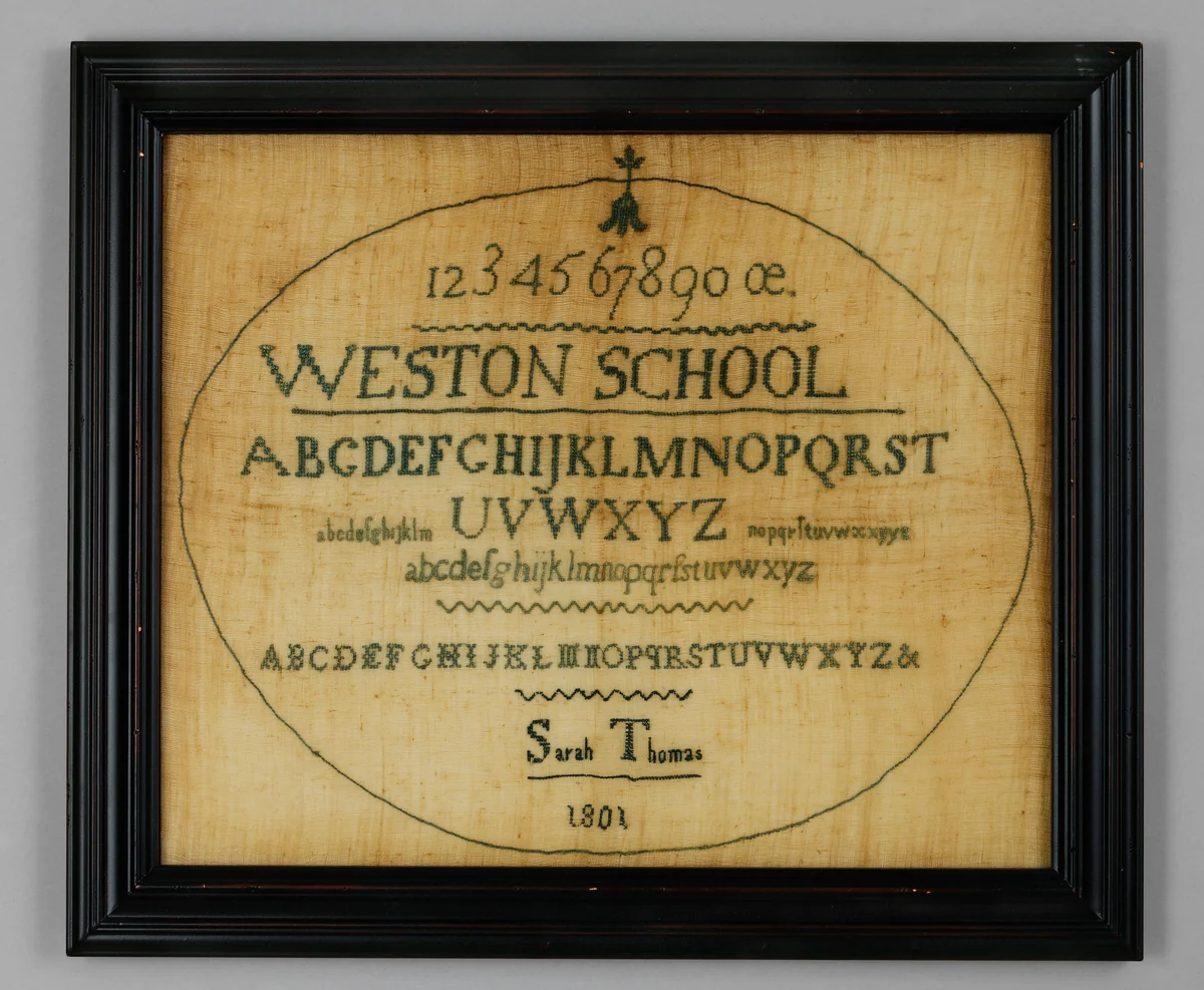 Sampler made at the Westtown Quaker School by Sarah Thomas, artwork, 1801