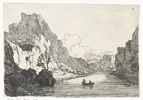 Rivierlandschap met boot by Jan van Aken, print, 1624-1661