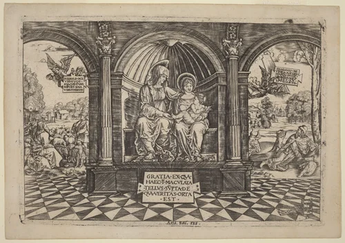 Virgin and Child Enthroned with Saint Anne by Master Na Dat, print, 1512-1513