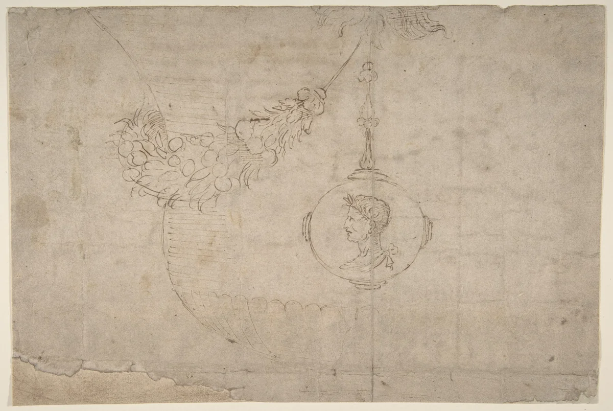 Design for an Urn with Garland of Vegetables and Fruit and Medallion with Profile of a Caesar by Giovanni Francesco Penni, drawing, 1496-1528