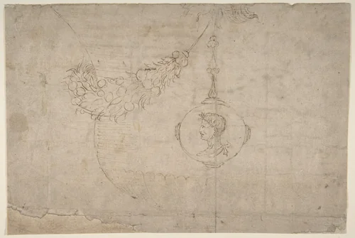 Design for an Urn with Garland of Vegetables and Fruit and Medallion with Profile of a Caesar by Giovanni Francesco Penni, drawing, 1496-1528