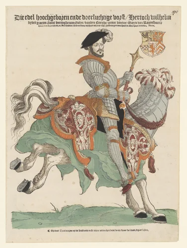 Portret van hertog Willem van Kleef, Gulik en Berg, graaf van Mark, heer van Ravenstein te paard by Hans Liefrinck, print, 1543-1573