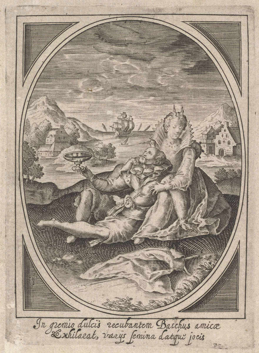 A couple seated on the ground, the man holding a goblet and reclining against the woman's leg, a ship at sea and landscape beyond by Heinrich Ulrich, print, 1585-1621
