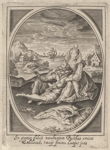 A couple seated on the ground, the man holding a goblet and reclining against the woman's leg, a ship at sea and landscape beyond by Heinrich Ulrich, print, 1585-1621