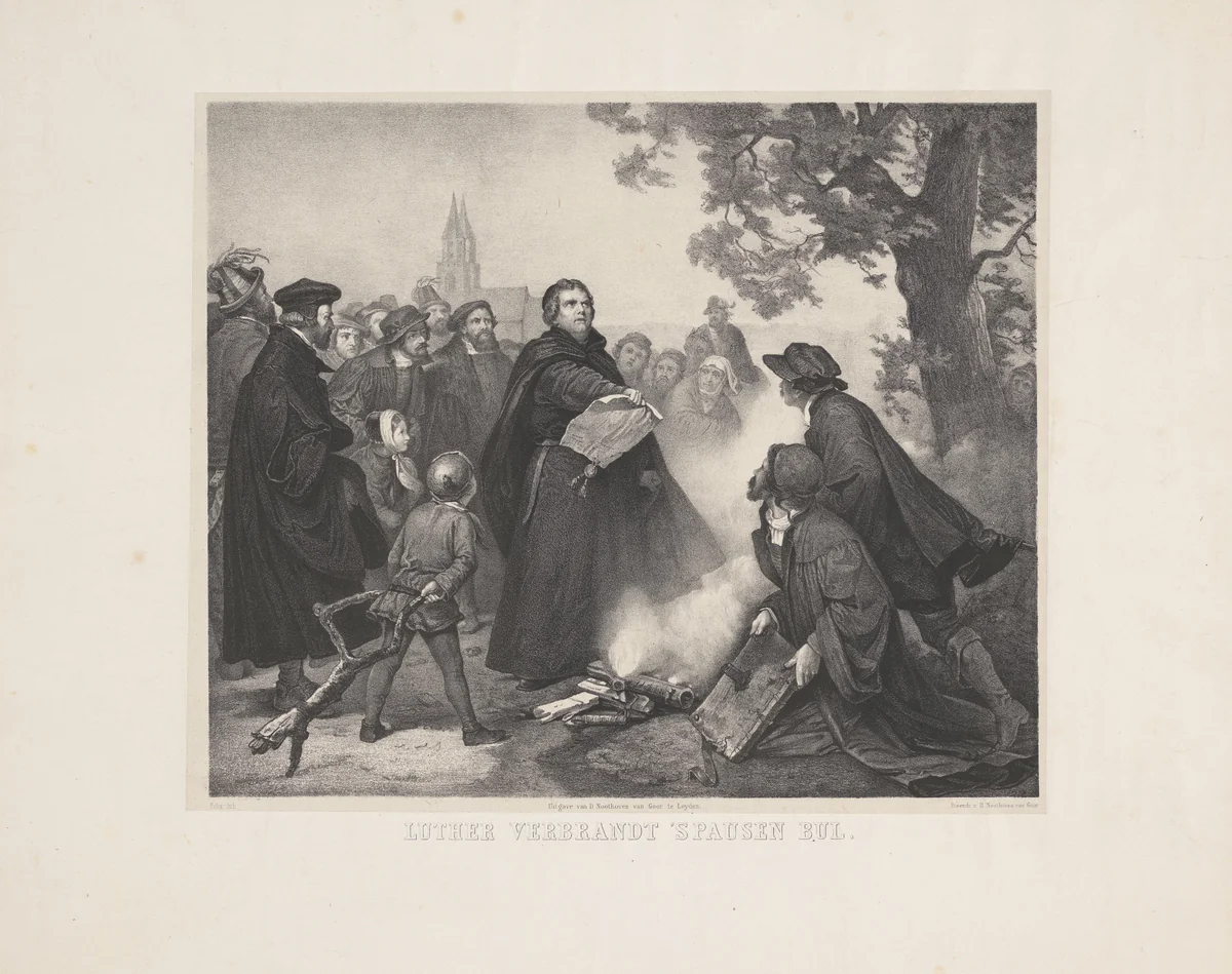 Luther verbrandt de bul by Abraham Pieter Felix, print, 1845-1900