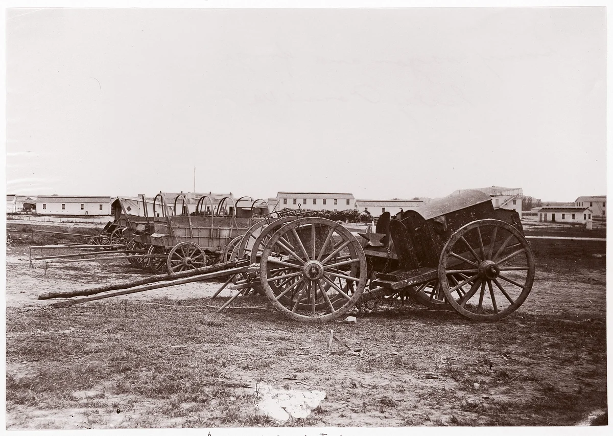 [Army Wagons and Forge, City Point, Virginia] by Andrew Joseph Russell, photograph, 1861-1865