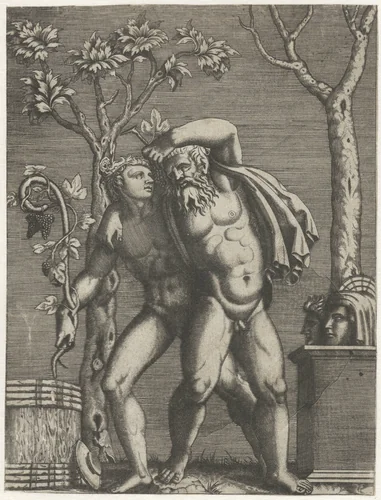 Silenus ondersteund door een jonge bacchant by anonymous, print, 1520-1575