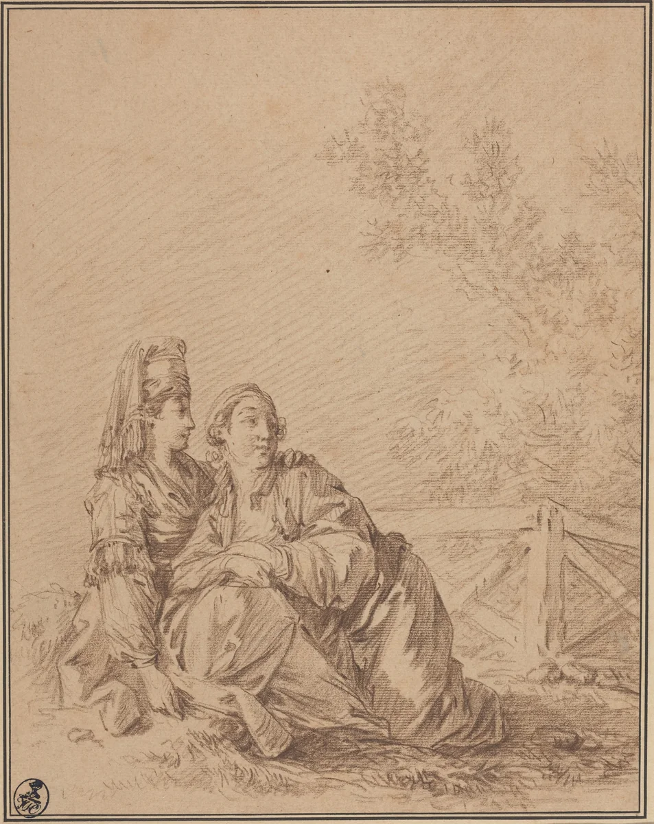 Two Russians Seated in Landscape by Jean Baptiste Le Prince, drawing, 1734-1781