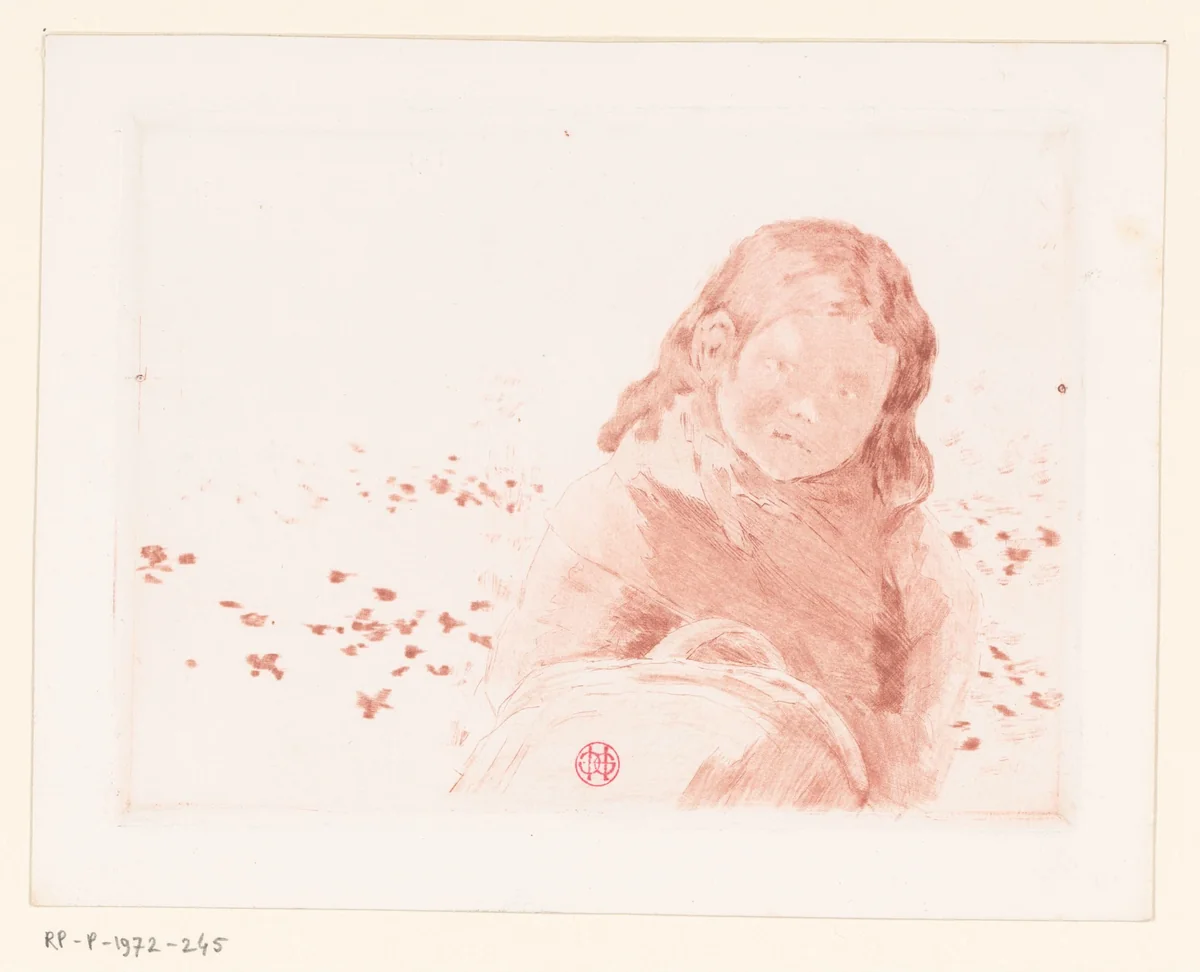 Meisje met mand in een bloemenweide by Henri Charles Guérard, print, 1856-1897