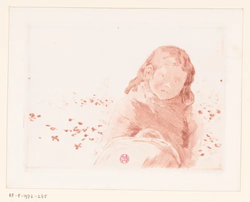Meisje met mand in een bloemenweide by Henri Charles Guérard, print, 1856-1897
