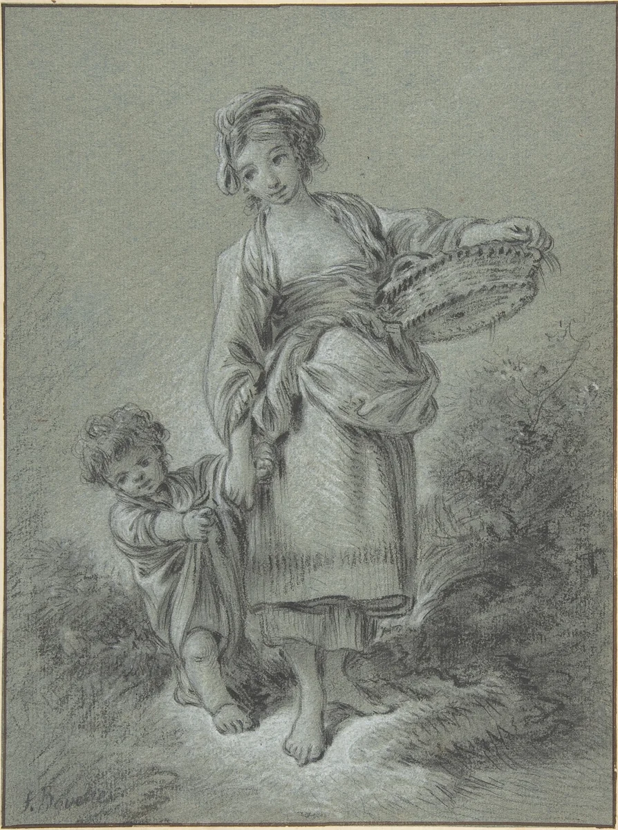 Woman and Boy by François Boucher, drawing, 1700-1770