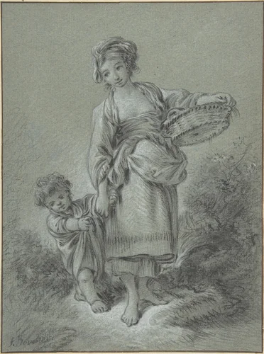 Woman and Boy by François Boucher, drawing, 1700-1770