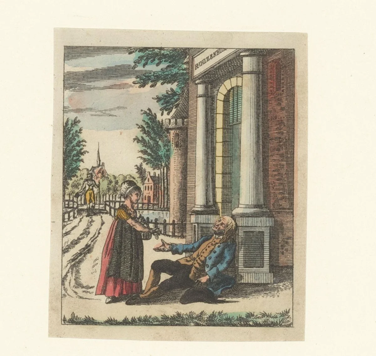 Vrouw geef een man geld by anonymous, print, 1800-1899