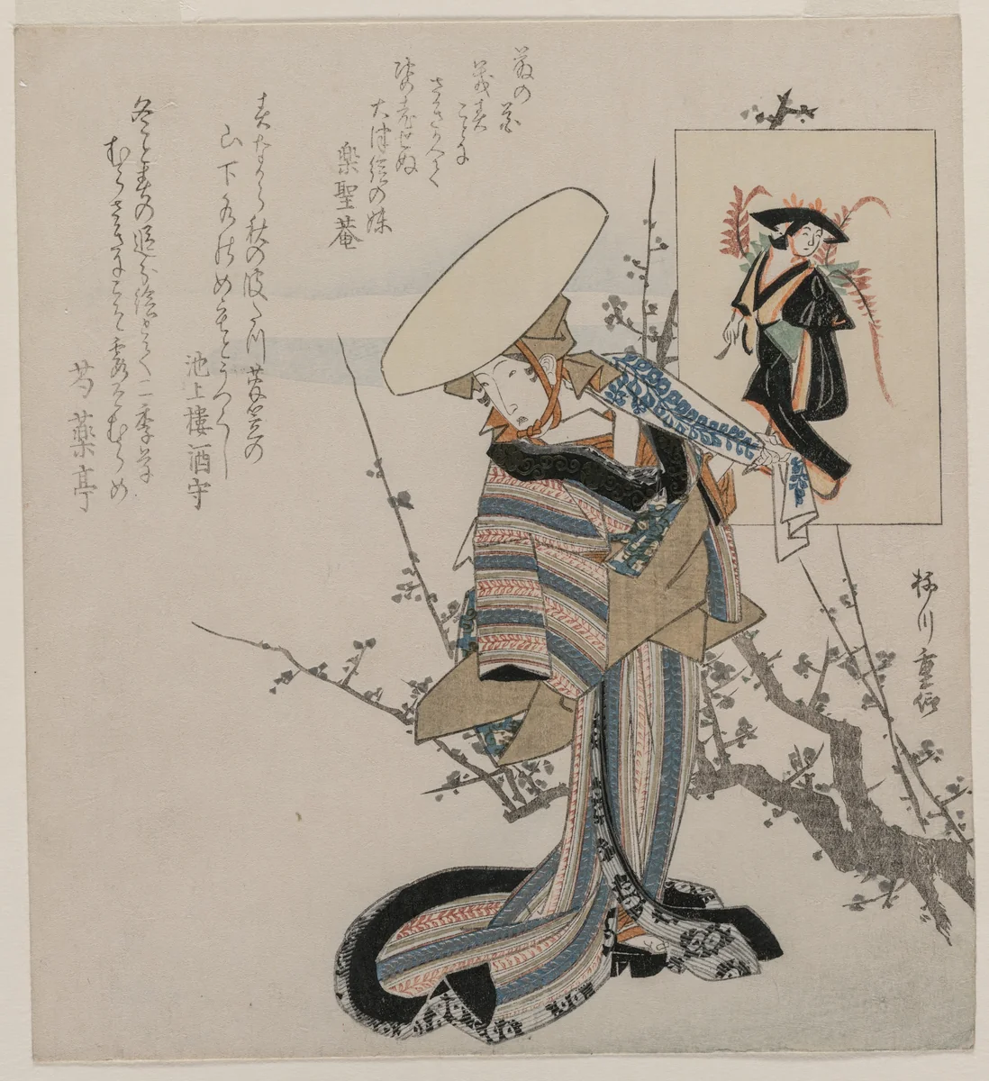 Woman by a Plum Tree Matched with the Wisteria Maiden (from a series of women compared to figures from Otsu paintings) by Yanagawa Shigenobu (柳川重信), print, 1830-1834