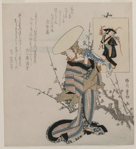 Woman by a Plum Tree Matched with the Wisteria Maiden (from a series of women compared to figures from Otsu paintings) by Yanagawa Shigenobu (柳川重信), print, 1830-1834