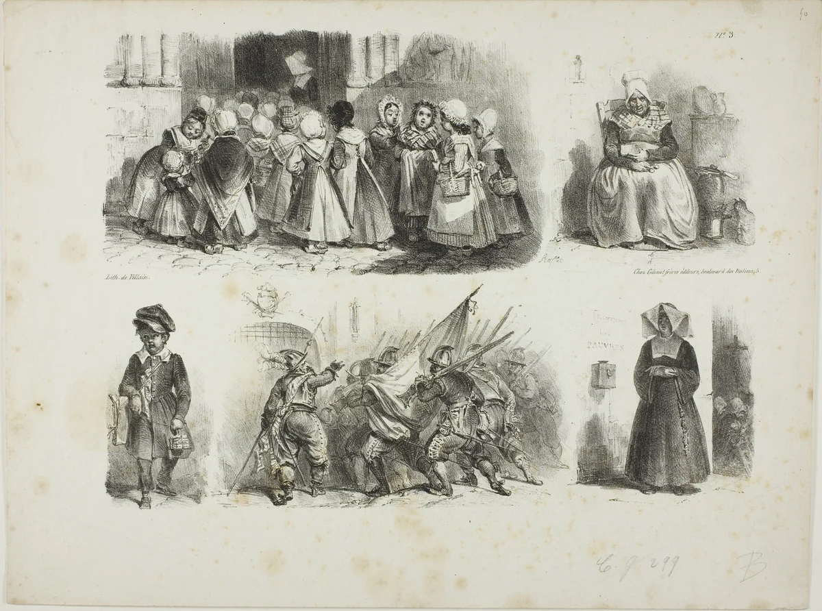 Sheet of Sketches by Denis Auguste Marie Raffet, print, 1828