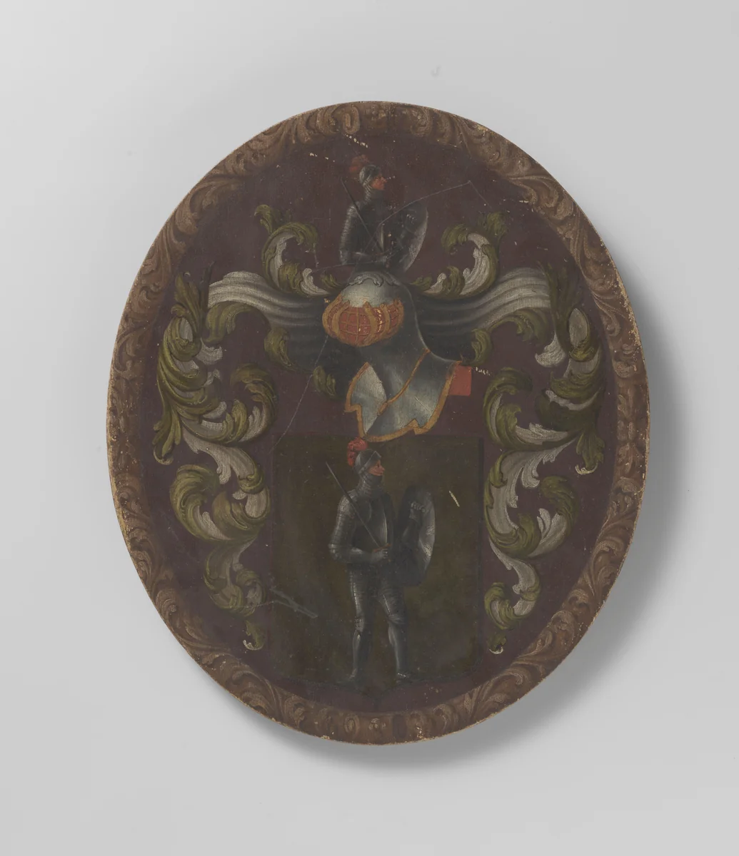 Wapenbord met geharnaste ridder by anonymous, other, 1881