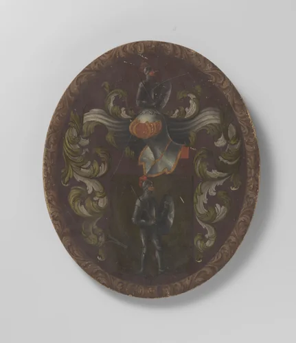 Wapenbord met geharnaste ridder by anonymous, other, 1881