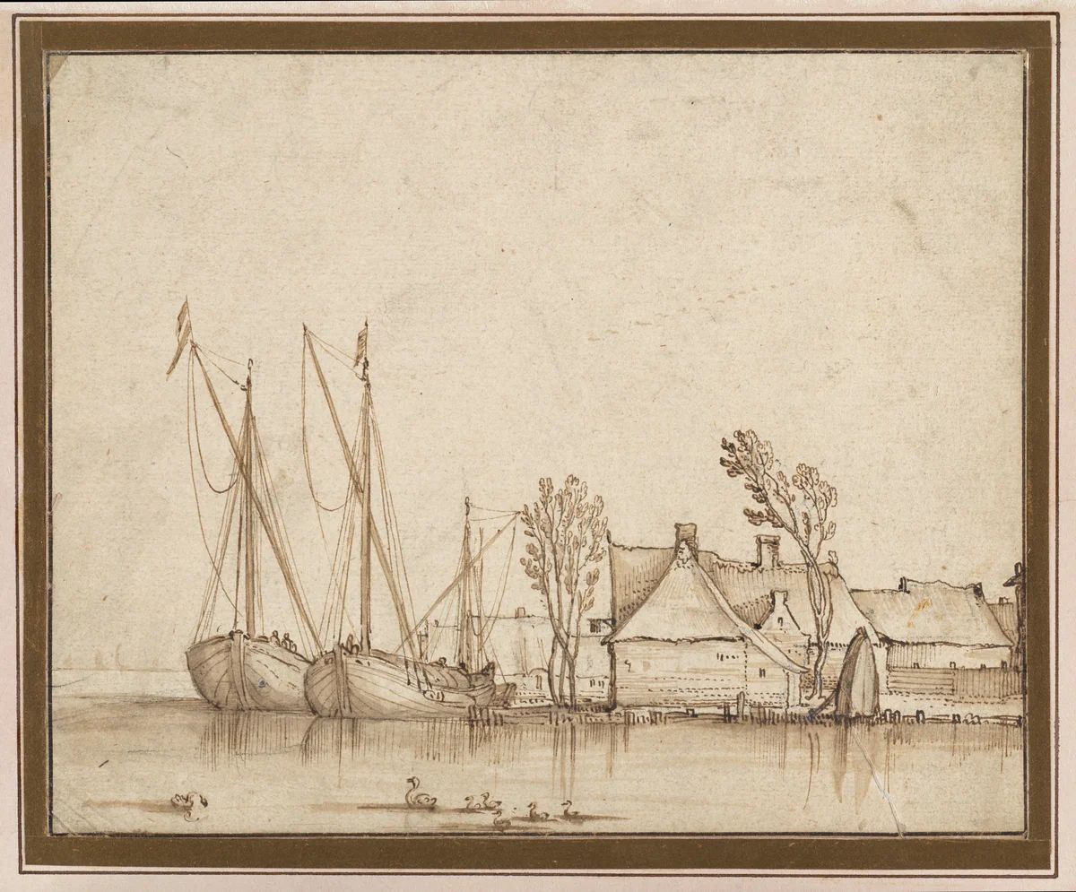 Barges Moored by Cottages by Claes Jansz Visscher, drawing, 1636-1700