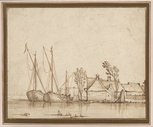 Barges Moored by Cottages by Claes Jansz Visscher, drawing, 1636-1700