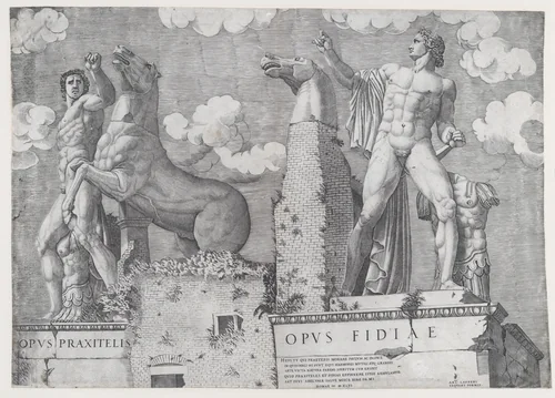 Statues of the Dioscuri at the Quirinal, Rome by anonymous, print, 1546