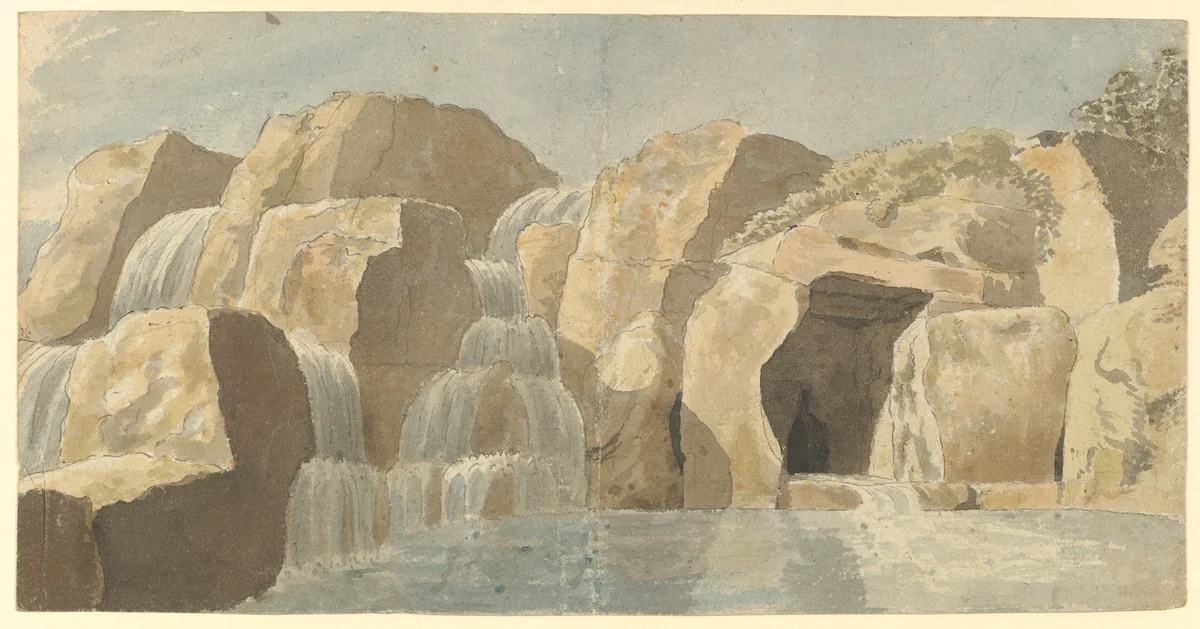 Design for rock-work and cascades at Virginia Water, Windsor Great Park (recto). Rock-work Designs (verso) by Thomas Sandby, drawing, 1780-1790