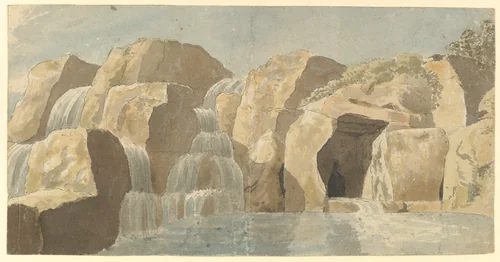 Design for rock-work and cascades at Virginia Water, Windsor Great Park (recto). Rock-work Designs (verso) by Thomas Sandby, drawing, 1780-1790