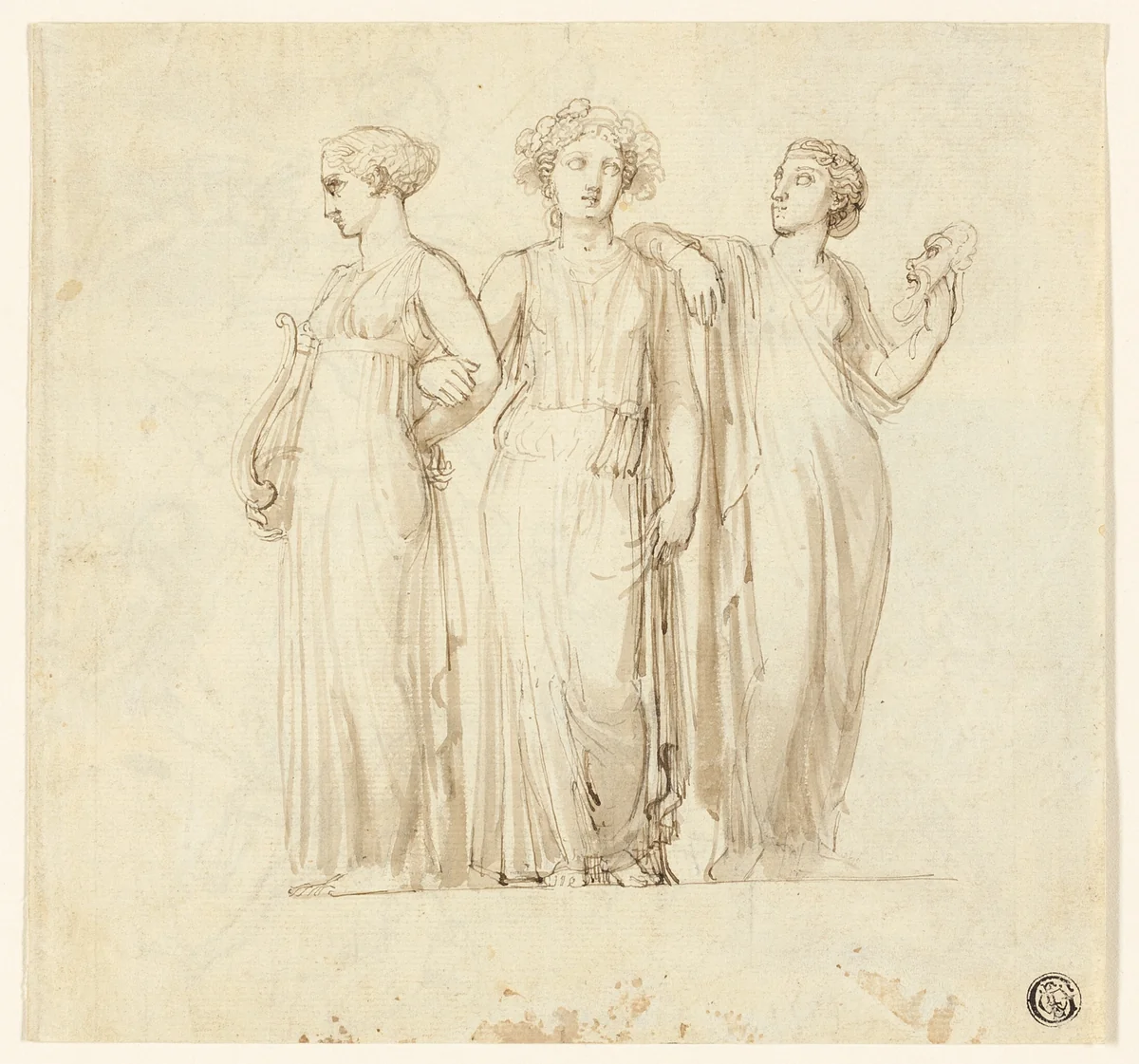 Three Muses (recto); Study of Knight and Monk for an Illustration in a Gothic Novel (verso) by Thomas Stothard, drawing, 1775-1834