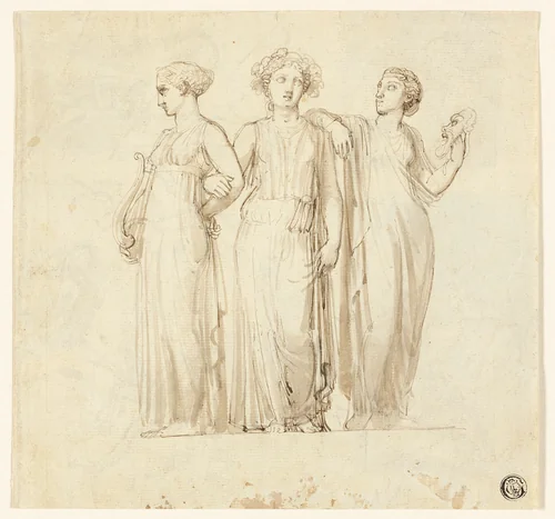 Three Muses (recto); Study of Knight and Monk for an Illustration in a Gothic Novel (verso) by Thomas Stothard, drawing, 1775-1834