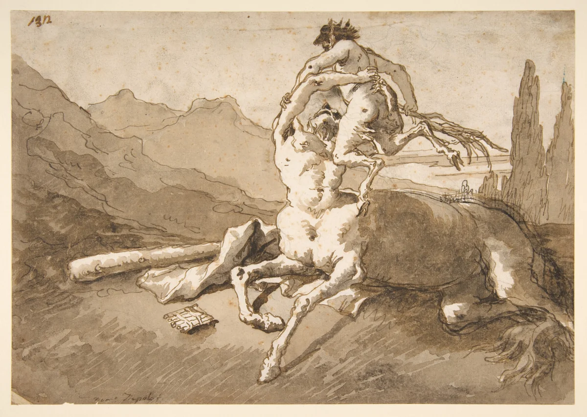 Centaur Holding Up a Youthful Satyr by Giovanni Domenico Tiepolo, drawing, 1727-1804