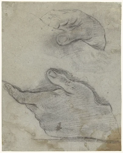 Twee handen, die een been (?) vasthouden by Giacomo Cavedone, drawing, 1587-1660