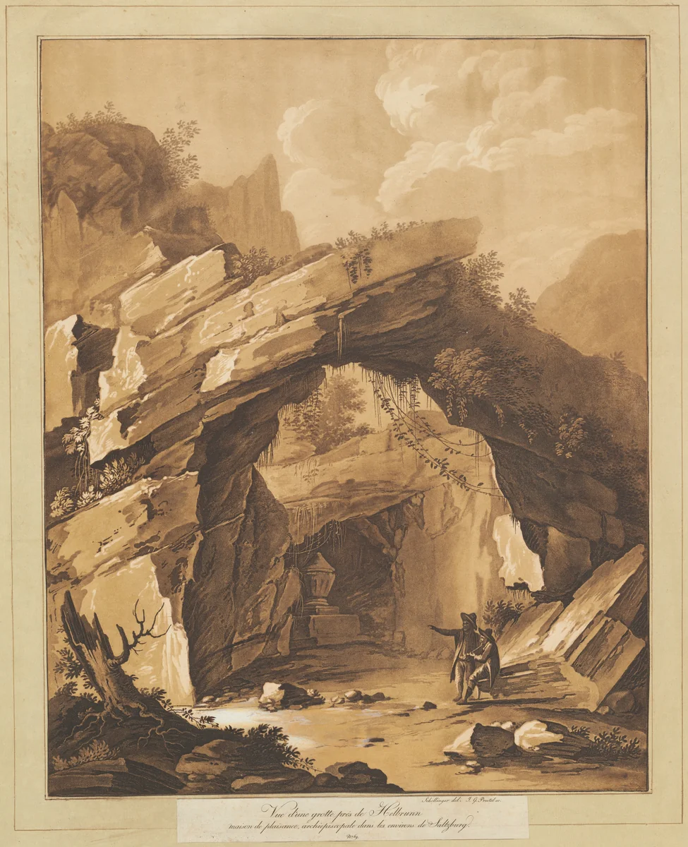 View of the Grotto by Heilbrunn, near Salzburg by Johann Gottlieb Prestel, print, 1780-1789