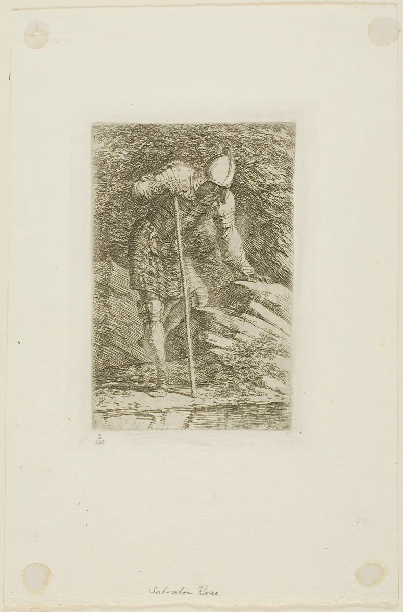 A Warrior in Full Armor in a Grotto by Salvator Rosa, print, 1656-1657