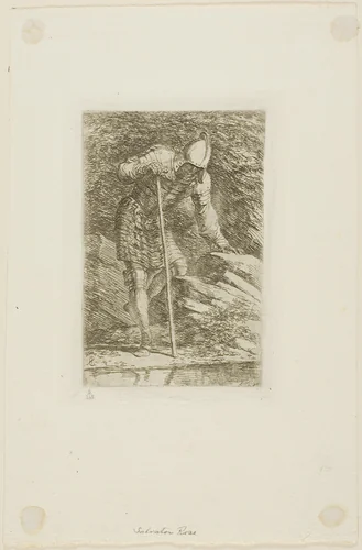 A Warrior in Full Armor in a Grotto by Salvator Rosa, print, 1656-1657