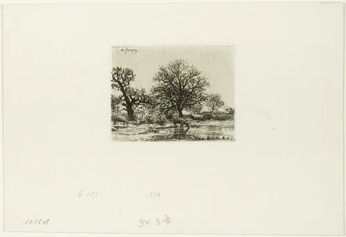 Trees and Cows near a Pond by Charles-Émile Jacque, print, 1850