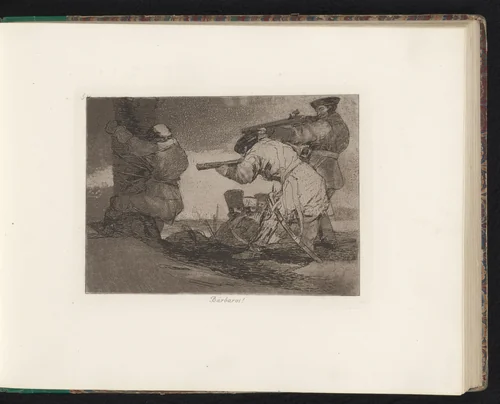 Twee mannen richten hun geweren op de rug van een aan een boom geknevelde persoon by Francisco de Goya, book, 1810-1820